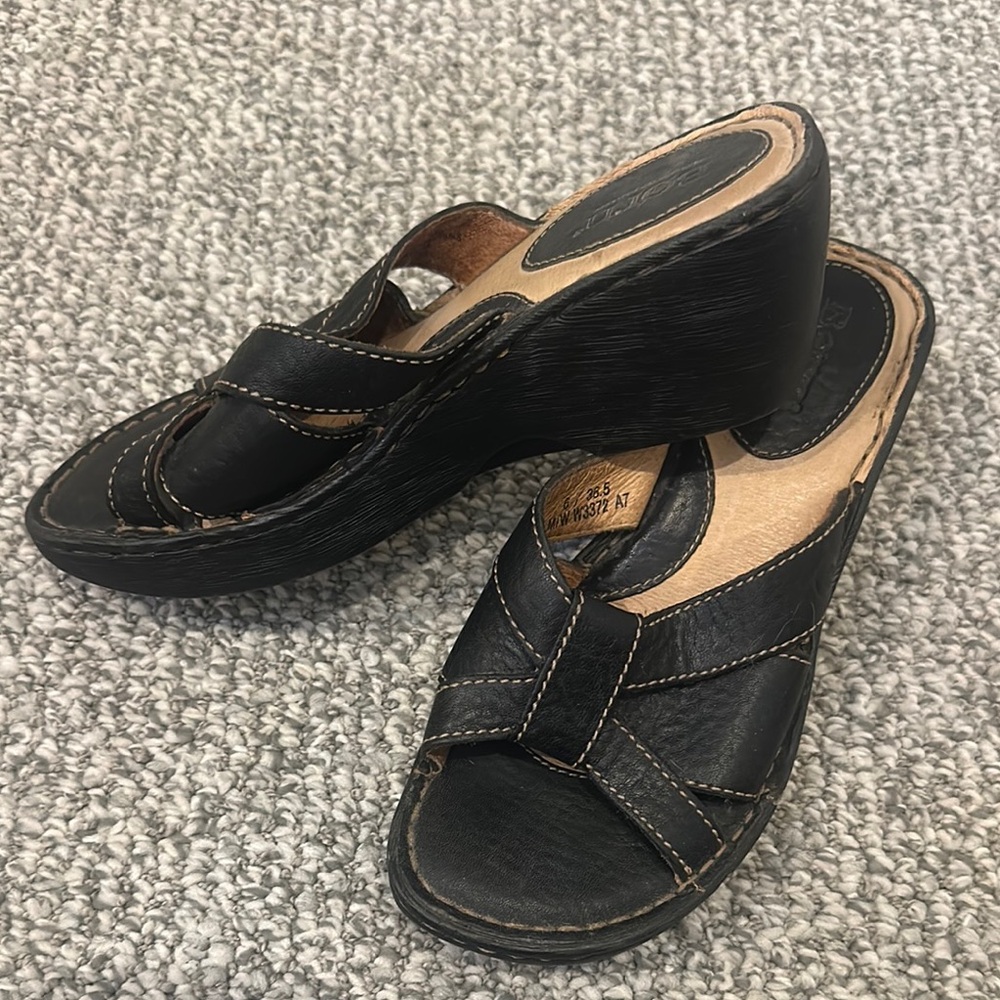 Born Ginny Leather Wedge Slide Sandals Black 6